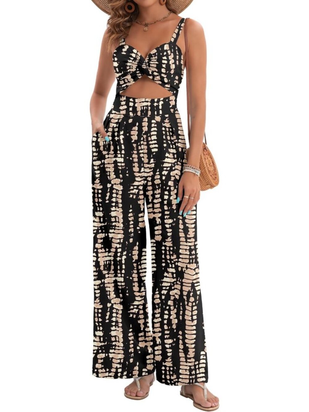 Chic Women's Summer Jumpsuit - Sexy V-Neck, Twist Design, Sleeveless, Wide Leg